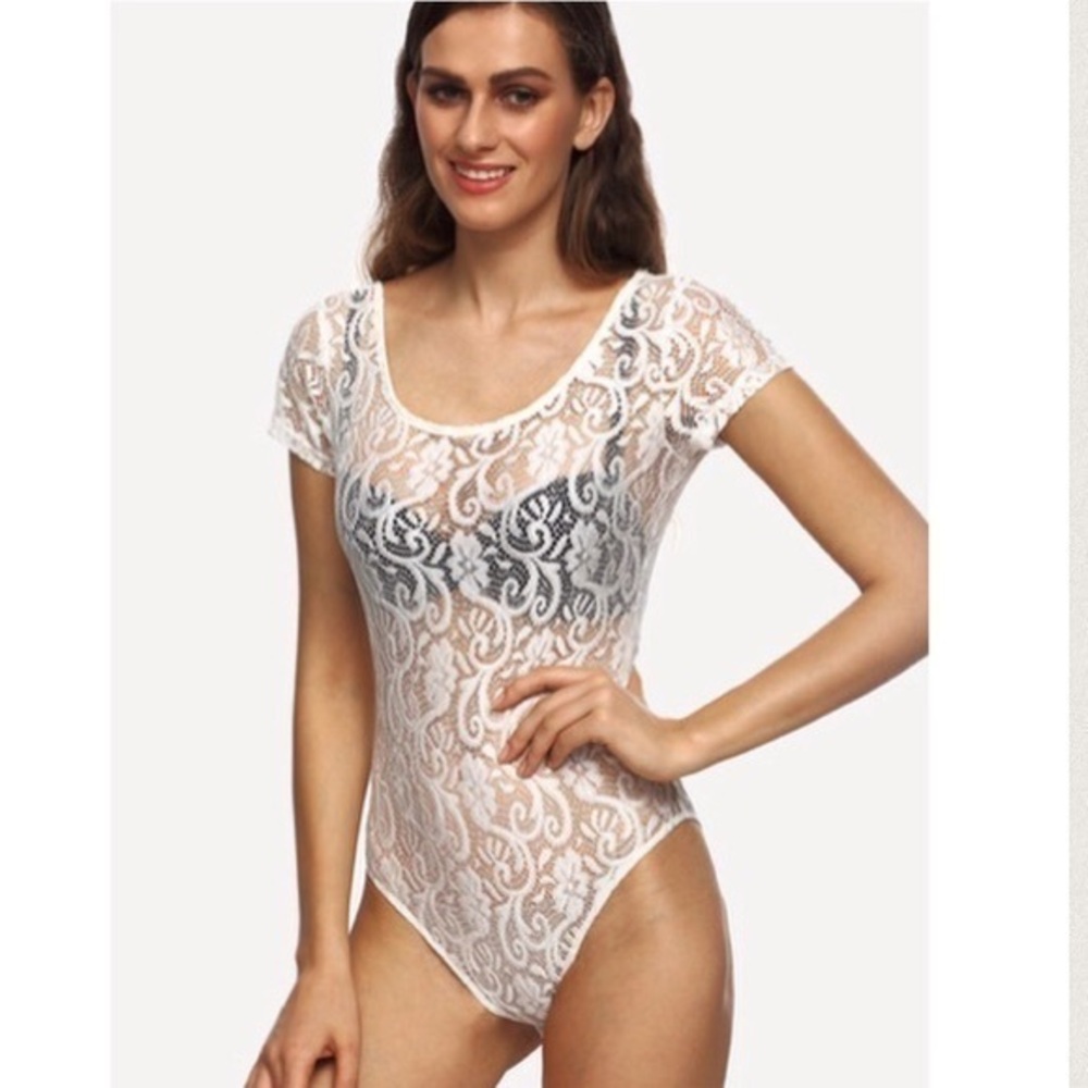 White Sheer Lace Bodysuit Stretchy Onesie Lingerie